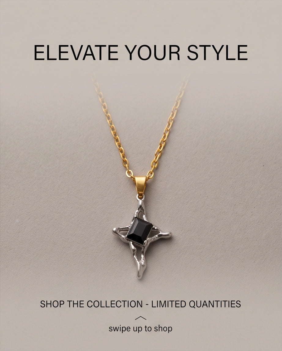 Silver Black Gemstone Gothic Cross Pendant Necklace