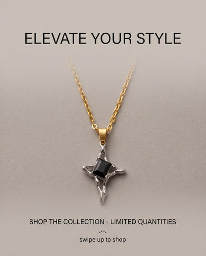 Silver Black Gemstone Gothic Cross Pendant Necklace