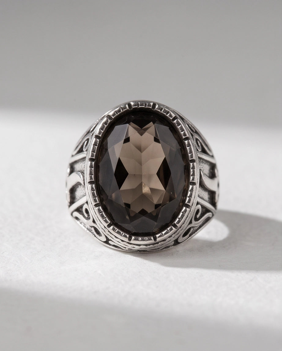 Smoky Quartz Oval-Cut Gemstone Beaded Bezel Silver Ring