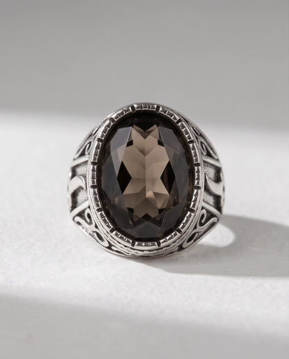 Smoky Quartz Oval-Cut Gemstone Beaded Bezel Silver Ring