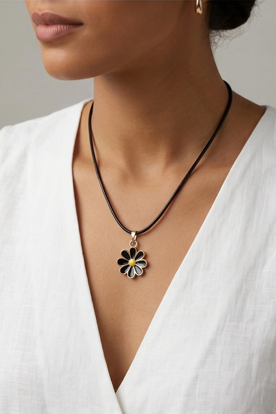 Gold and Black Daisy Pendant Necklace