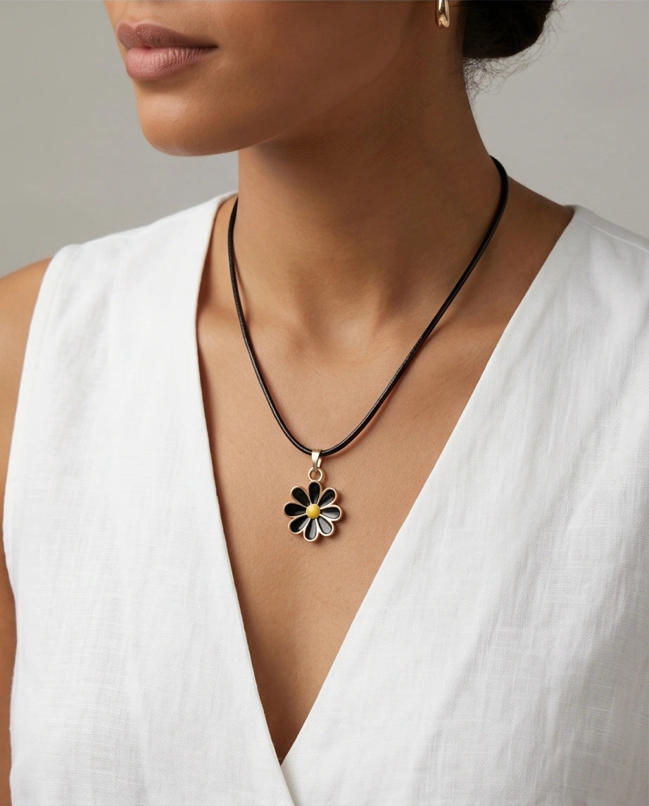 Gold and Black Daisy Pendant Necklace