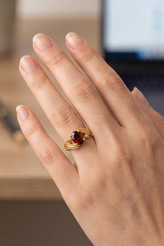 Golden Amber Garnet Botanical Leaf Ring