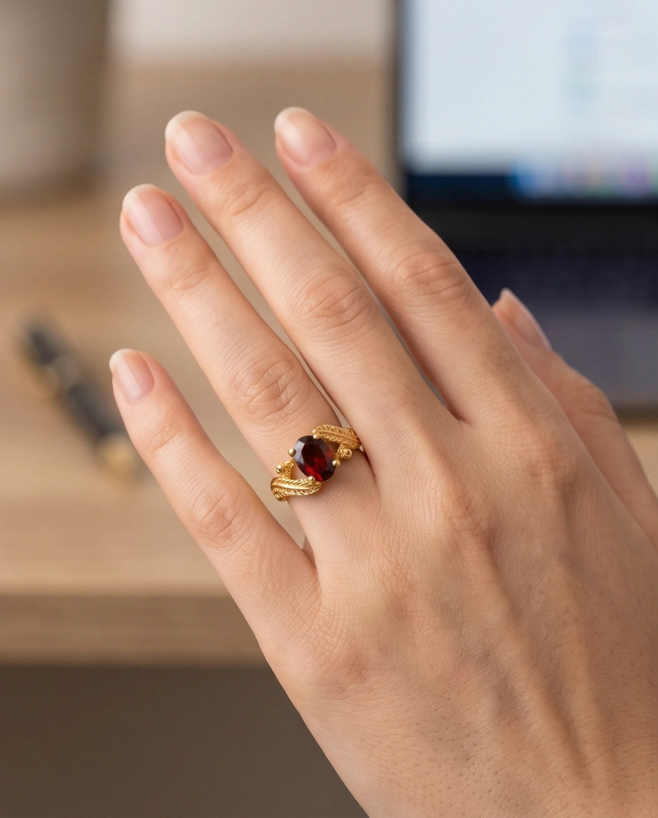 Golden Amber Garnet Botanical Leaf Ring