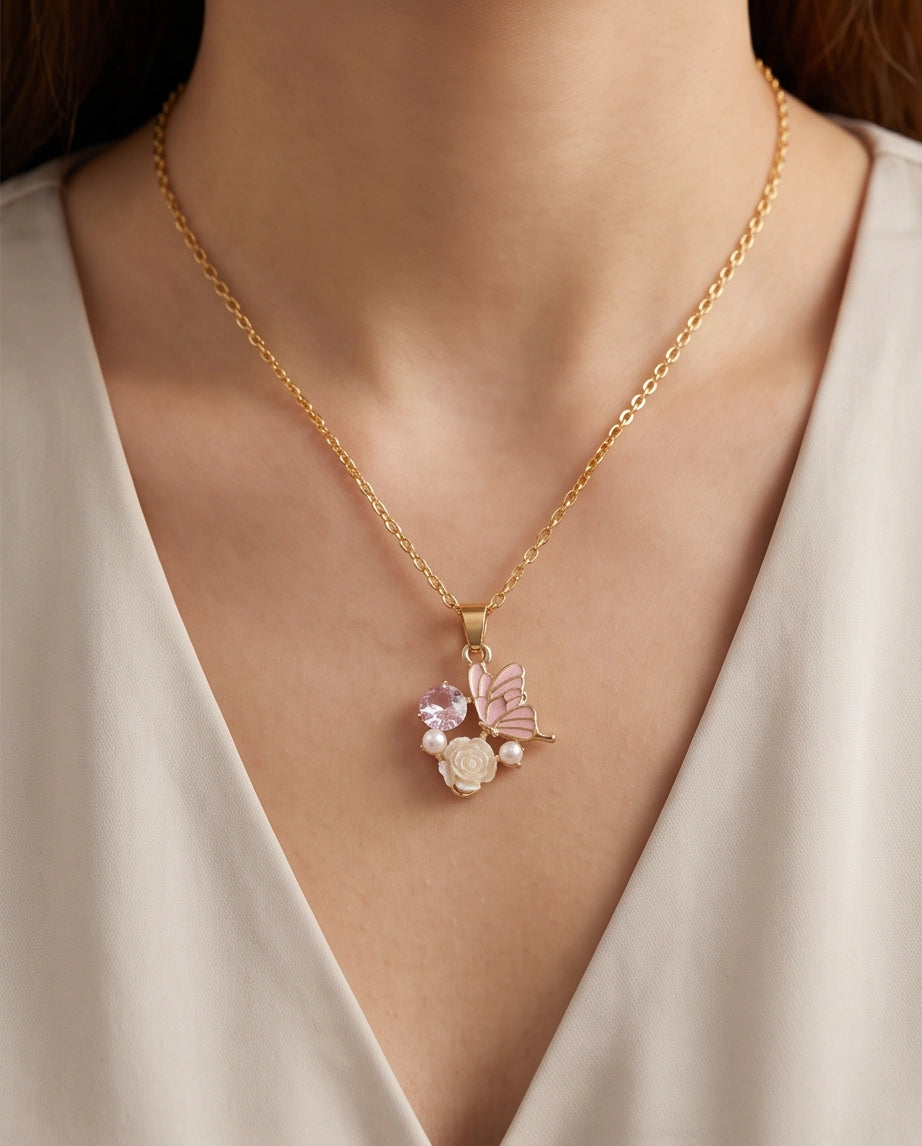 Gold Pink Enamel Butterfly & Pearl Rose Cluster Pendant Necklace