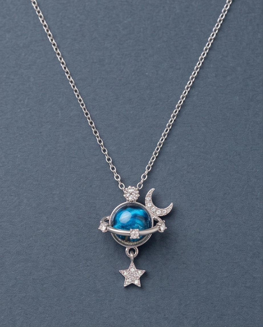 Silver Cosmic Planet Crescent Moon & Star Dangle Pendant Necklace