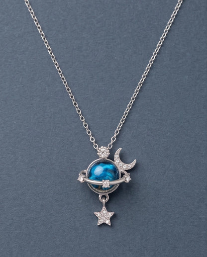 Silver Cosmic Planet Crescent Moon & Star Dangle Pendant Necklace