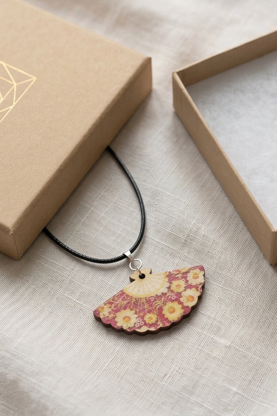 Vintage Burgundy & Gold Floral Hand-Fan Pendant Necklace