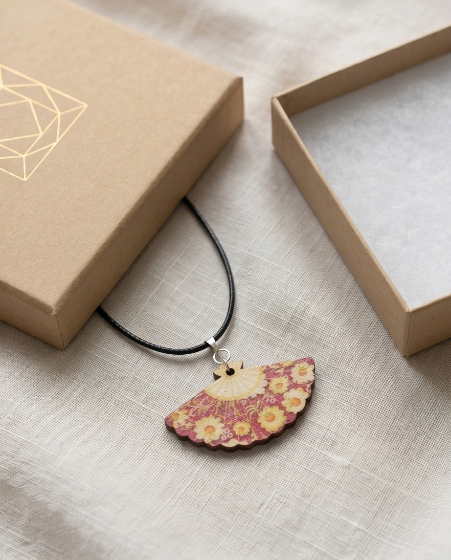 Vintage Burgundy & Gold Floral Hand-Fan Pendant Necklace