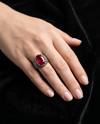 Ruby Gemstone Scalloped Crown Bezel Scroll Filigree Silver Ring