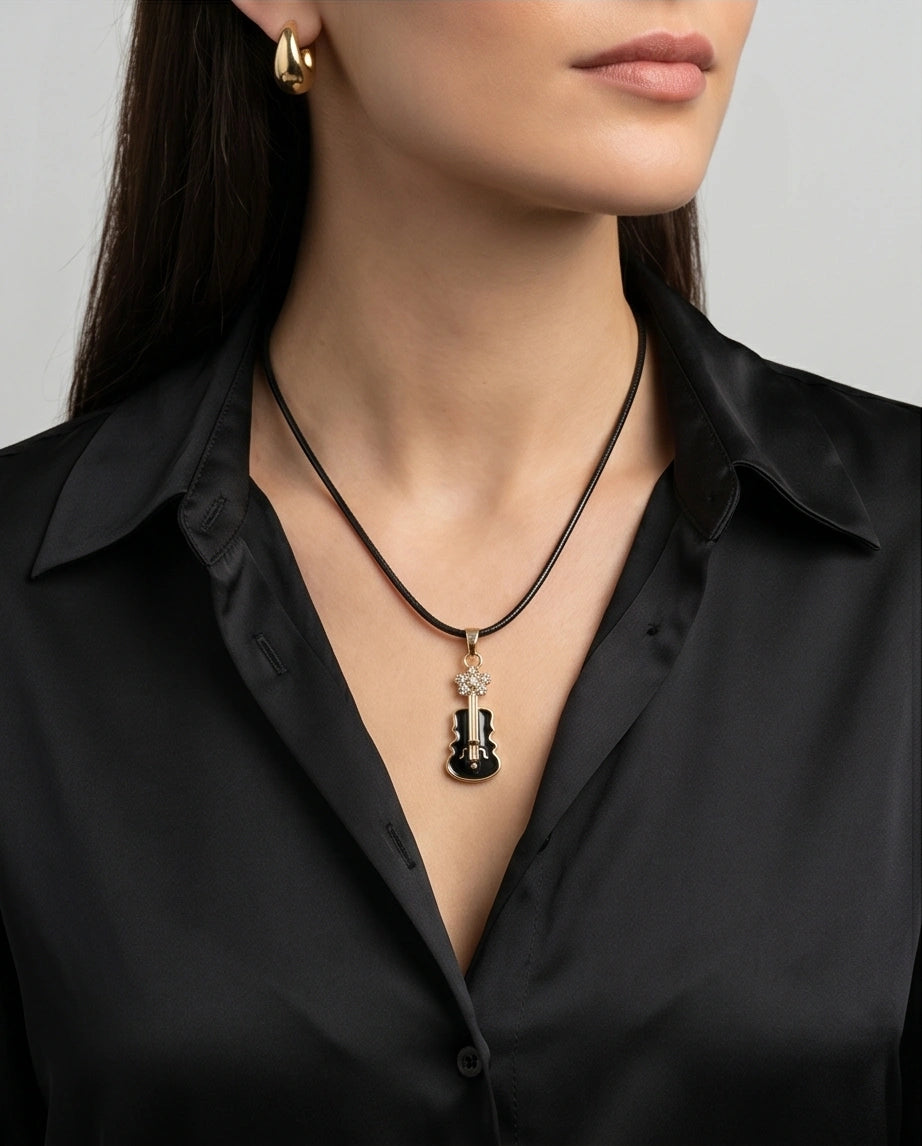 Gold and Black Enamel Violin Necklace