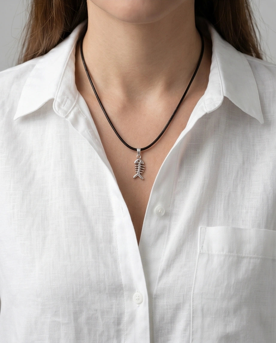 Silver Quirky Fishbone Pendant Necklace