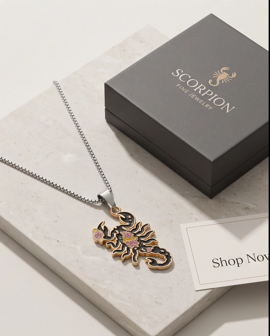 Gold Floral Scorpion Enamel Chain Necklace