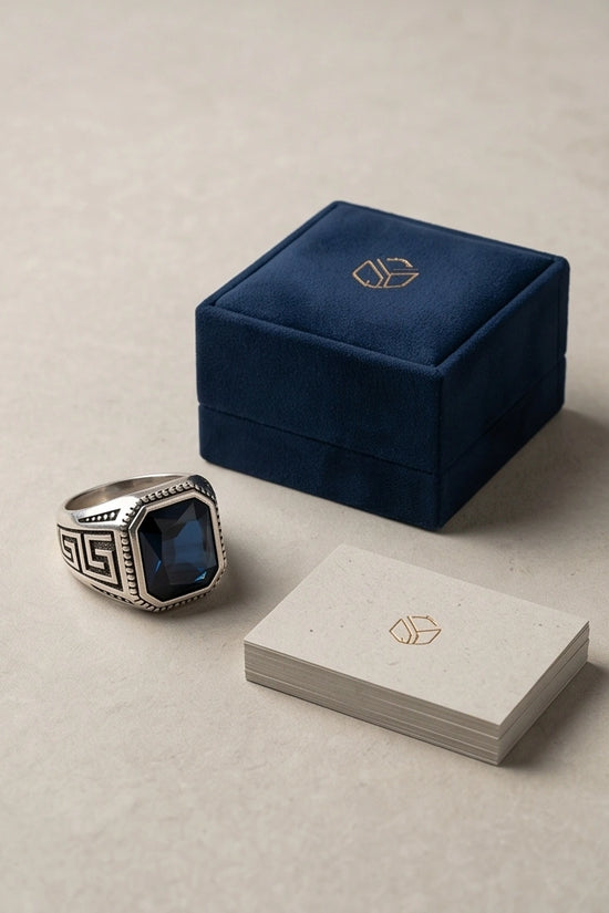 Vintage Greek Key Deep Blue Gemstone Ring