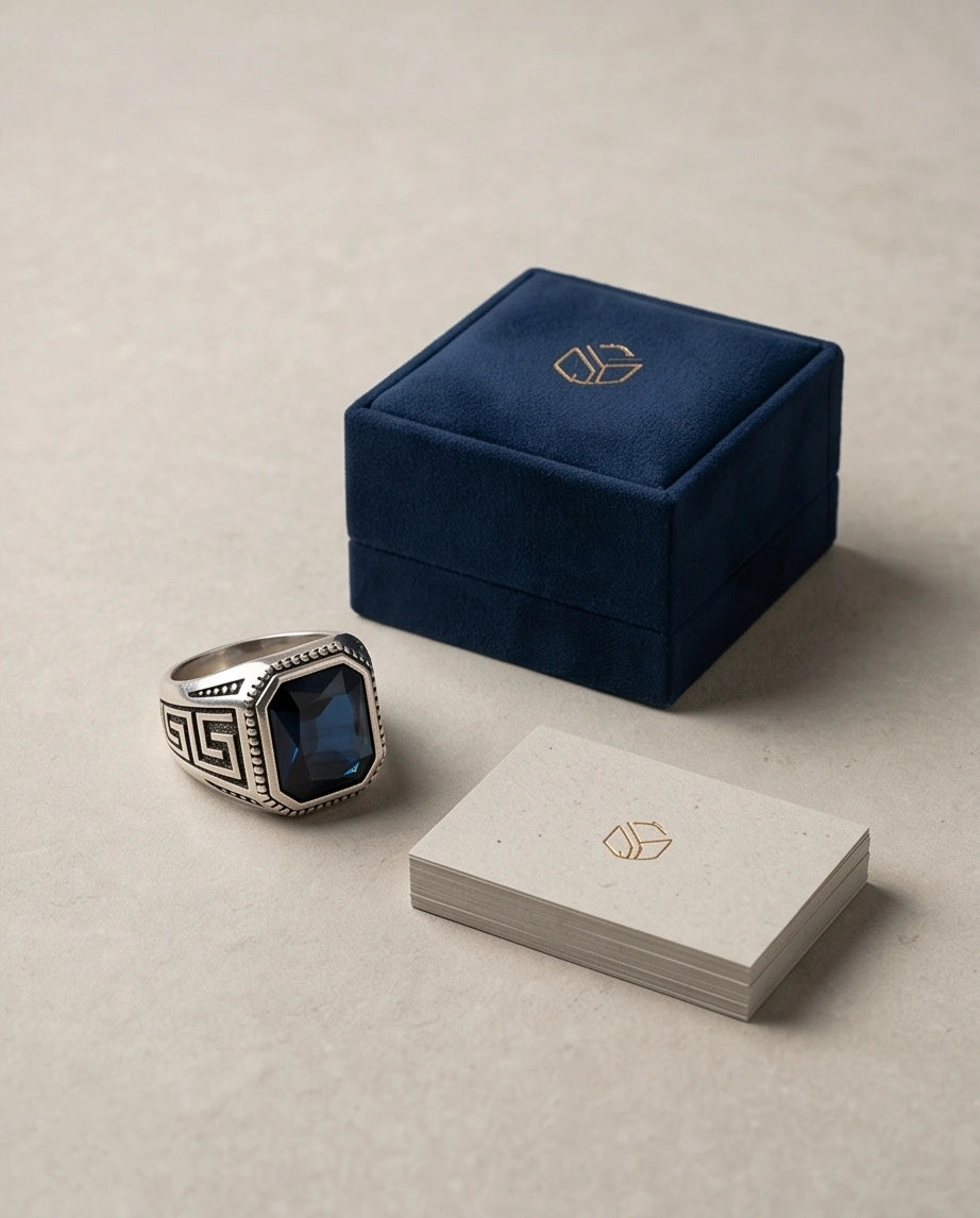 Vintage Greek Key Deep Blue Gemstone Ring