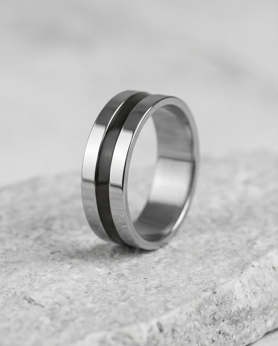 Minimalist Dual-Tone Silver and Black Band Ring