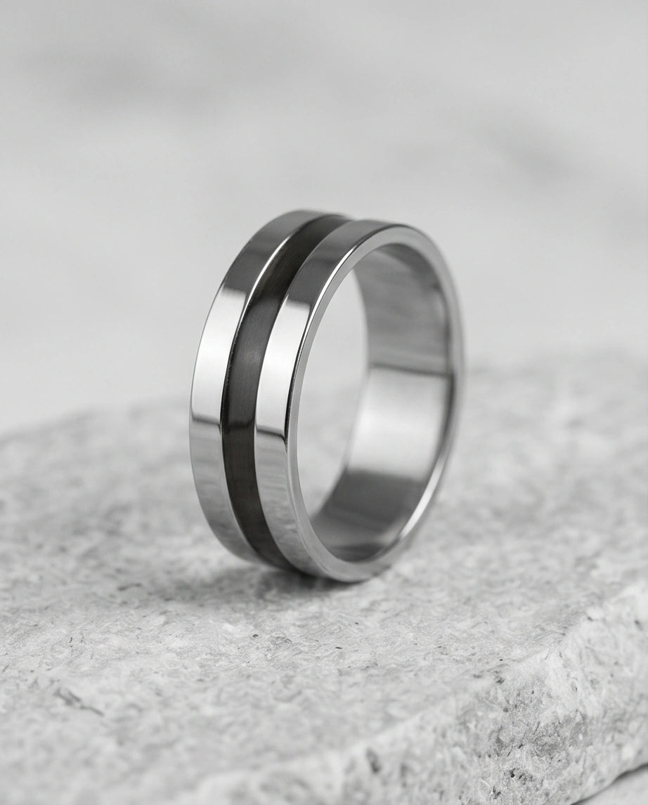 Minimalist Dual-Tone Silver and Black Band Ring
