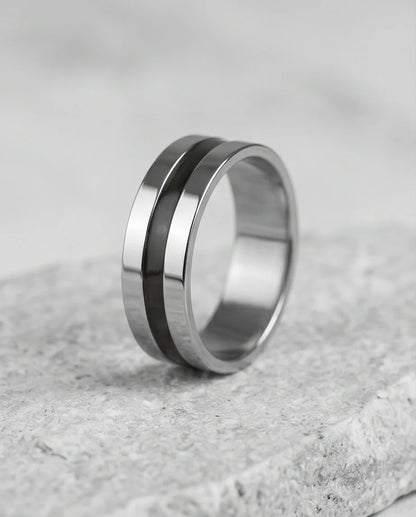 Minimalist Dual-Tone Silver and Black Band Ring
