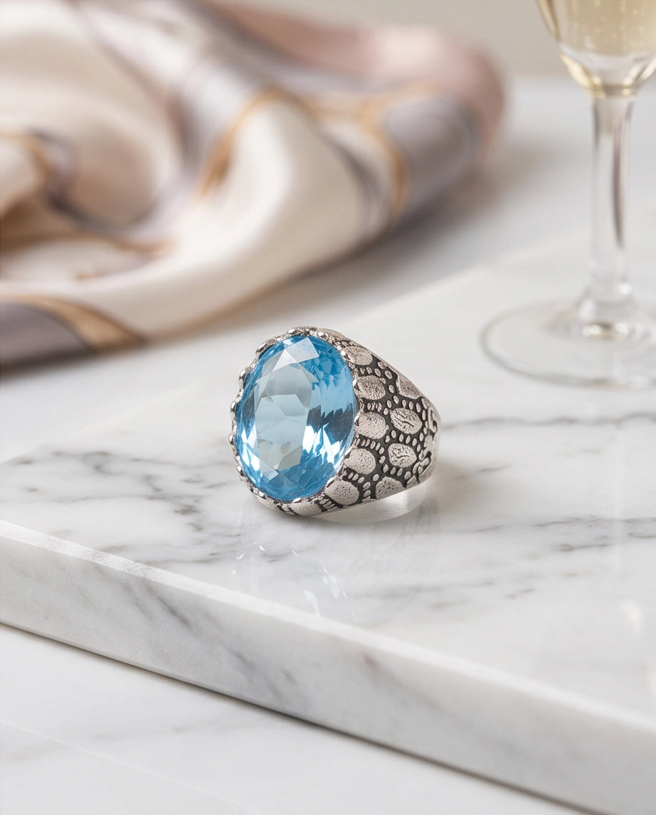Ice Blue Oval-Cut Gemstone Scaled Bezel Silver Ring