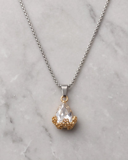 Gold Clear Teardrop Floral Basket Pendant Necklace