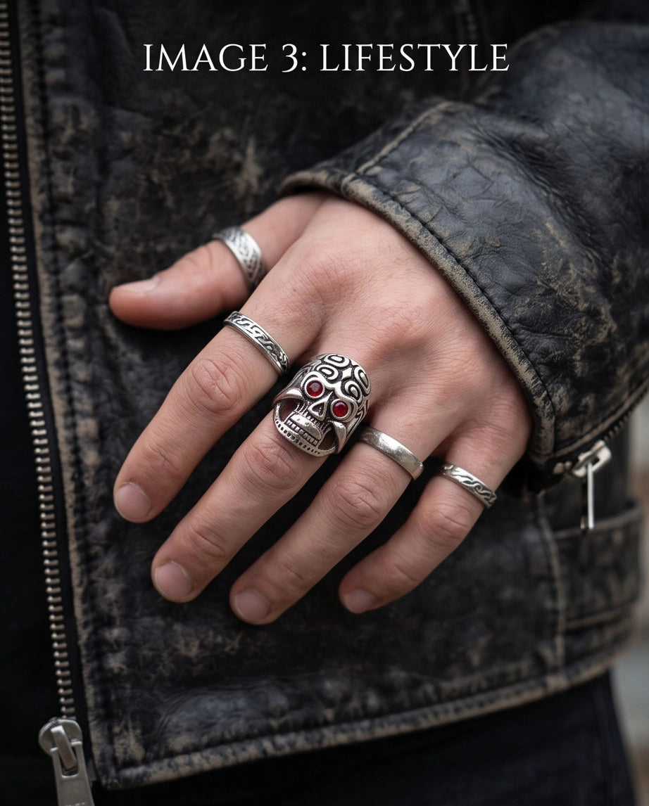Crimson-Eyed Tribal Ornament Skull Ring
