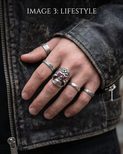 Crimson-Eyed Tribal Ornament Skull Ring