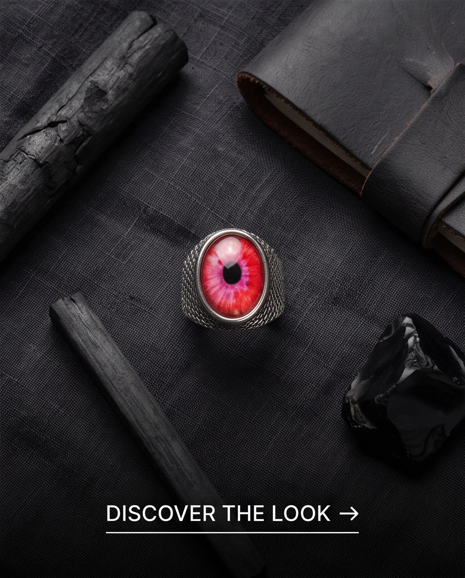 Crimson Evil Eye Cabochon Scale-Band Silver Ring