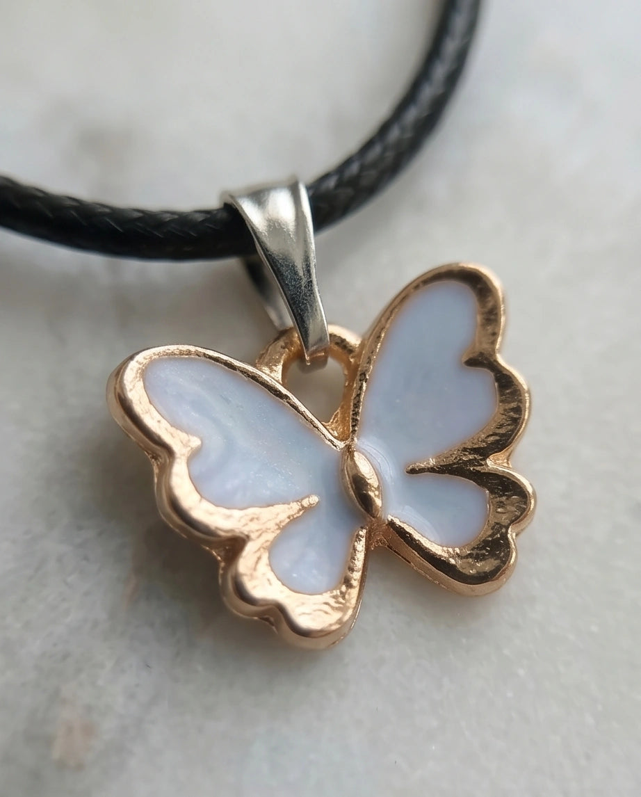 Gold and White Butterfly Pendant Necklace