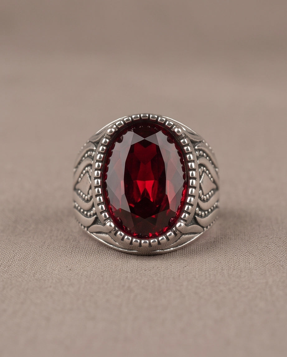 Garnet Gemstone Beaded Frame Flame Silver Ring