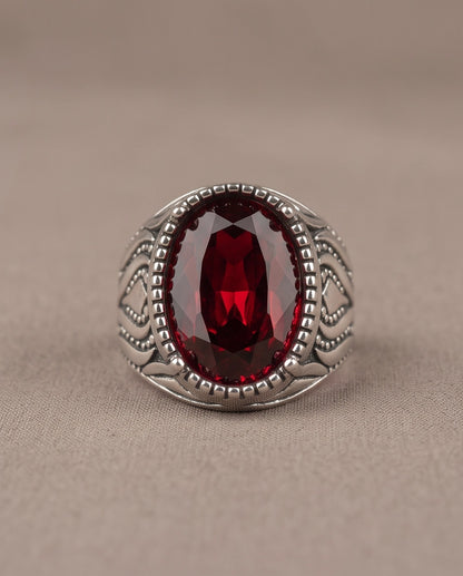 Garnet Gemstone Beaded Frame Flame Silver Ring
