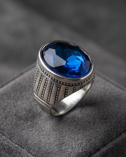 Sapphire Gemstone Beaded Surround Vertical Ribbed Silver Ring