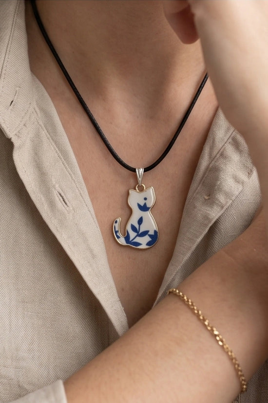 Artistic Blue Porcelain Feline Silhouette Pendant Necklace