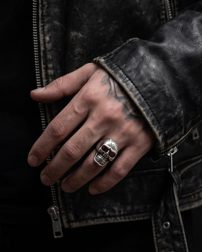 Red-Eyed Carved Crown Skull Ring