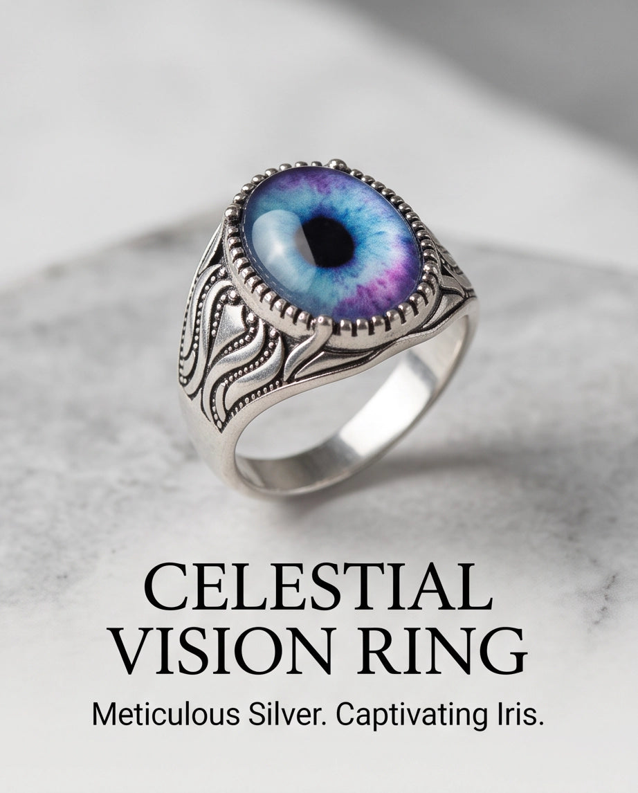 Nebula Blue-Purple Evil Eye Cabochon Ornate Scrollwork Silver Ring