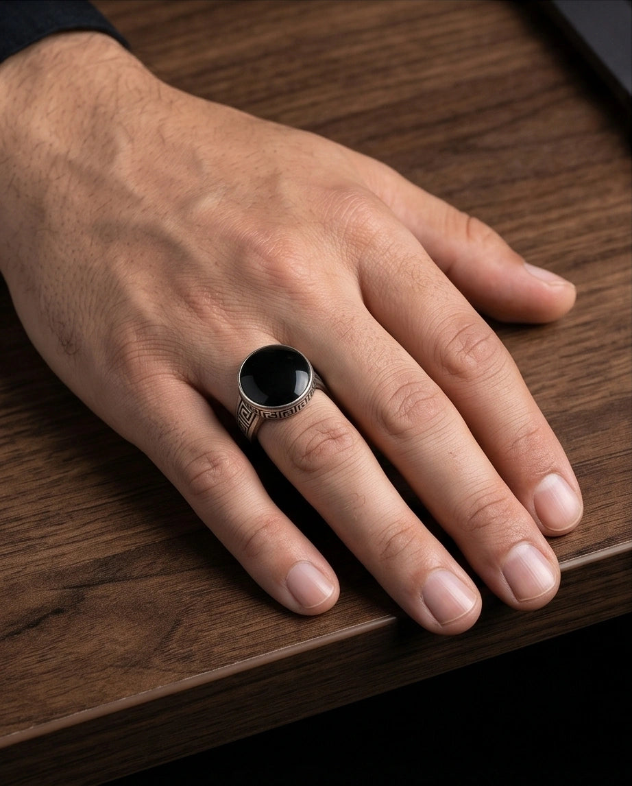 Minimalist Greek Key Onyx Signet Ring