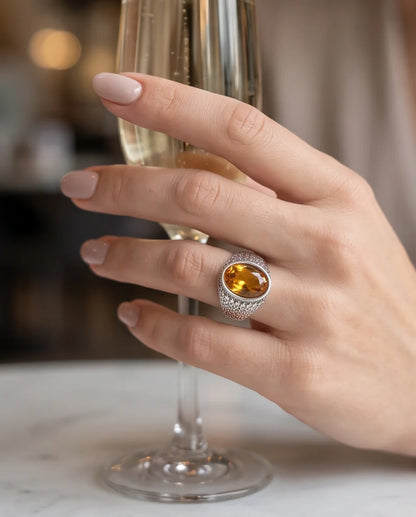 Citrine Gemstone Laurel Bezel Dragon-Scale Silver Ring