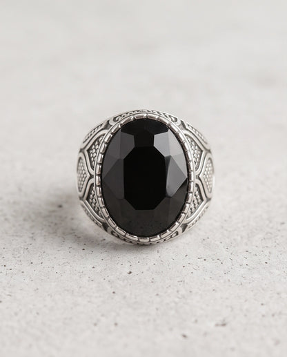Black Gemstone Beaded Bezel Scale-Lattice Silver Ring