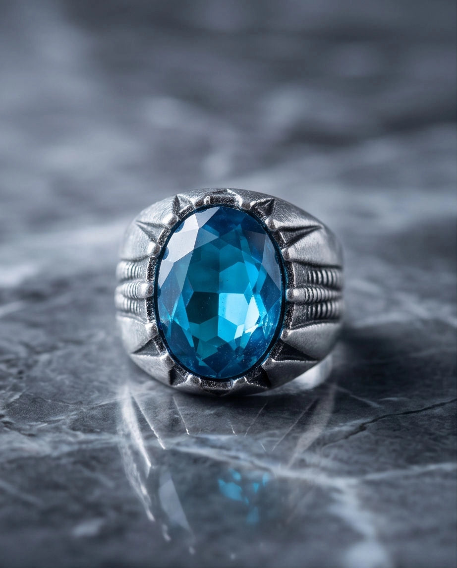 Oxidized Silver Oval Aqua Blue Claw Signet Ring