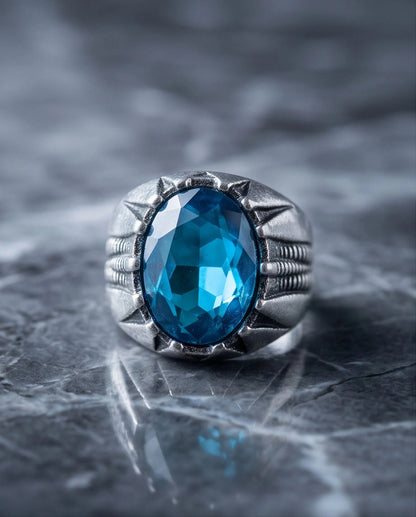 Oxidized Silver Oval Aqua Blue Claw Signet Ring