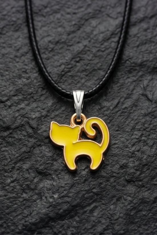 Playful Yellow Cat Enamel Pendant Necklace