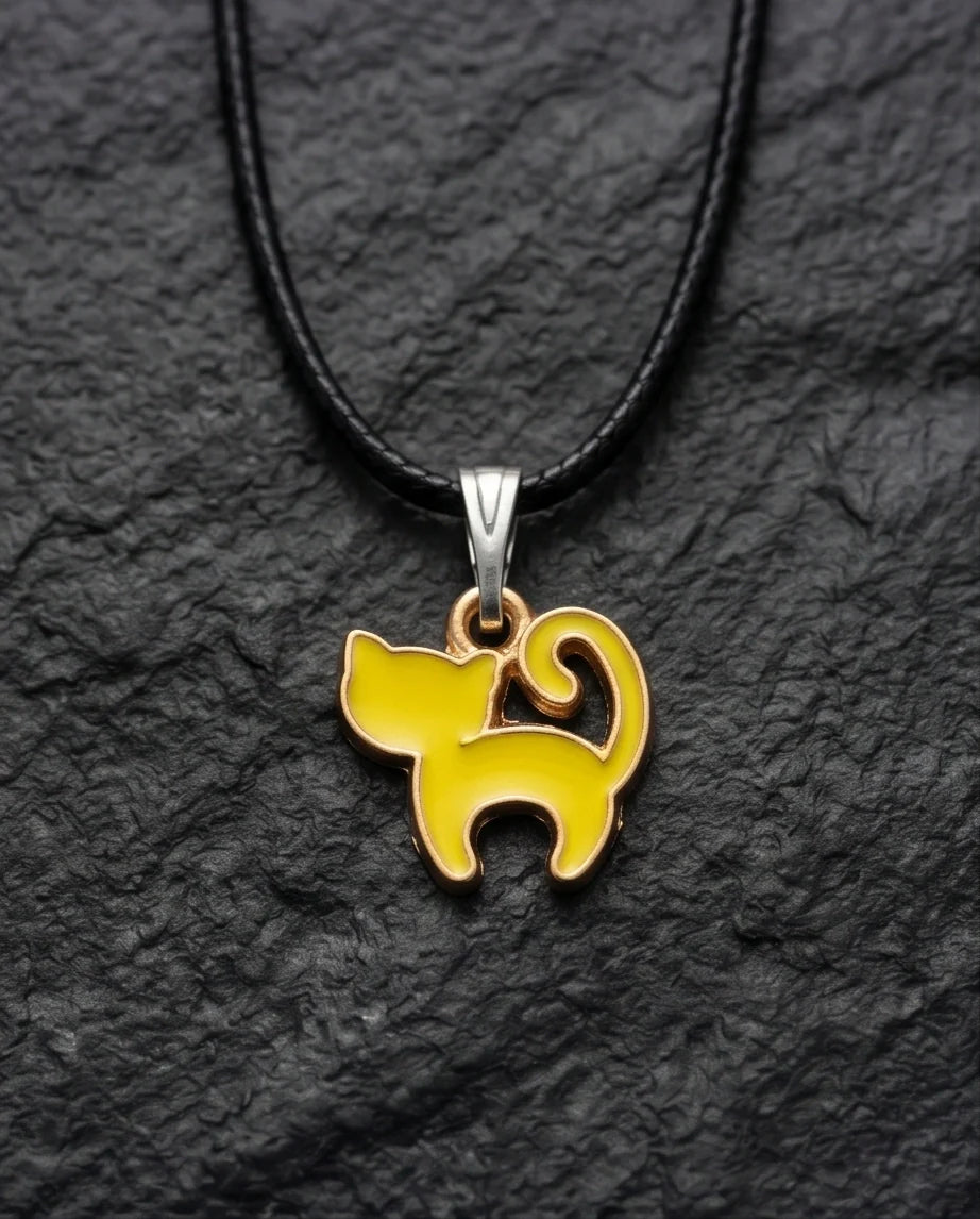 Playful Yellow Cat Enamel Pendant Necklace