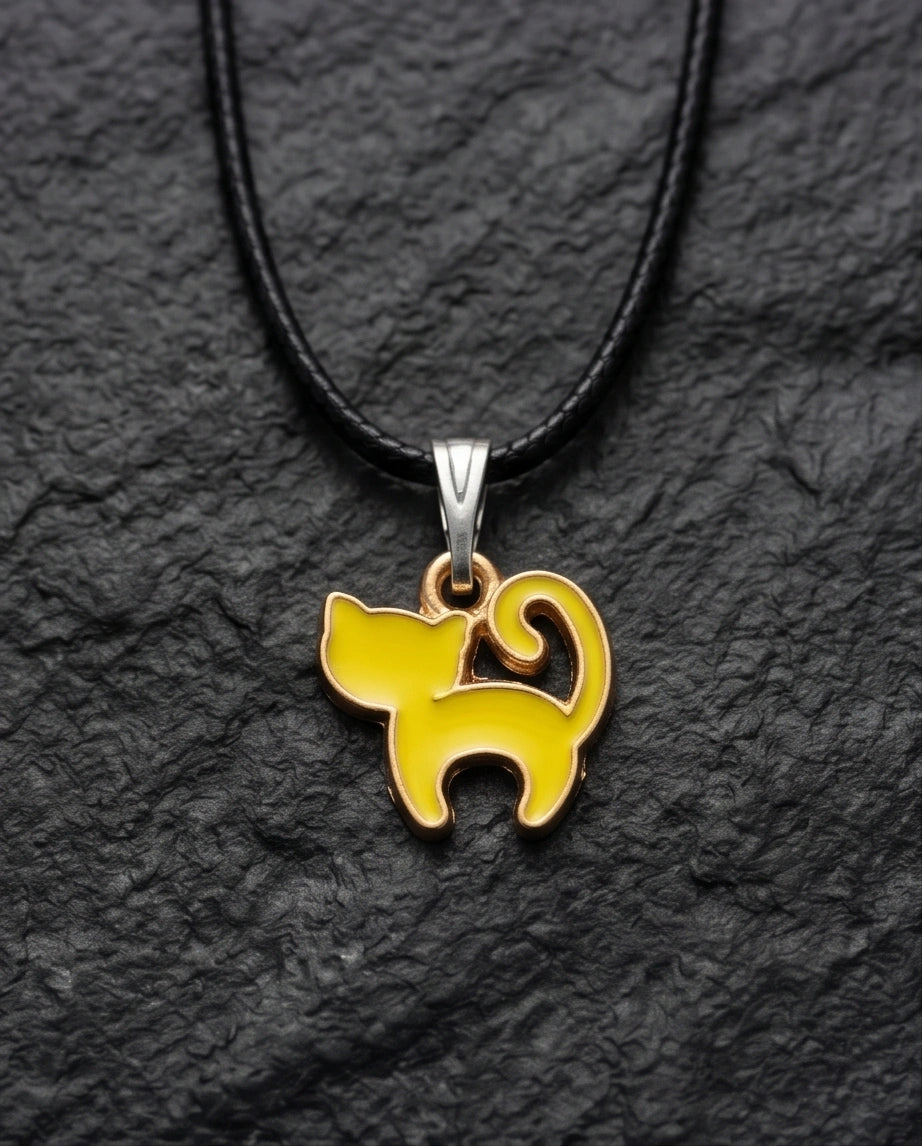 Playful Yellow Cat Enamel Pendant Necklace