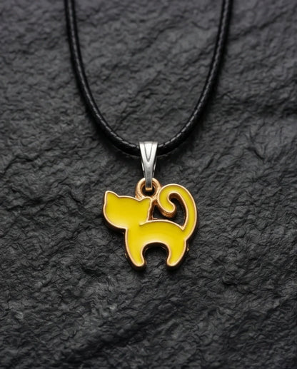 Playful Yellow Cat Enamel Pendant Necklace
