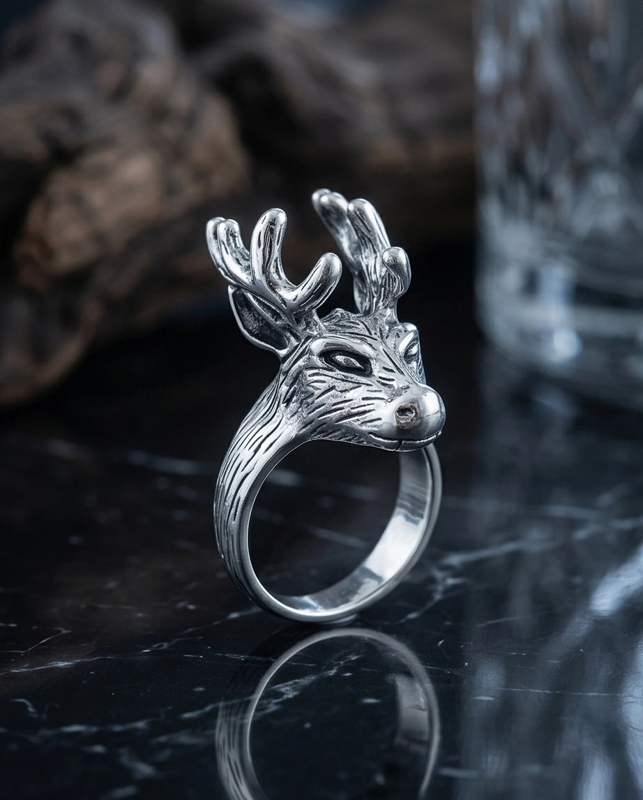 Vintage Silver Oxidized Stag Deer Antler Statement Ring