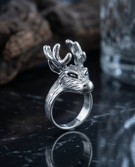 Vintage Silver Oxidized Stag Deer Antler Statement Ring