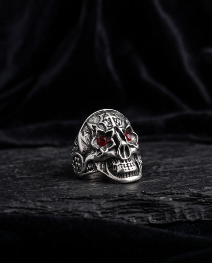 Ruby-Eyed Star-Eyed Gothic Cross Skull Silver Ring