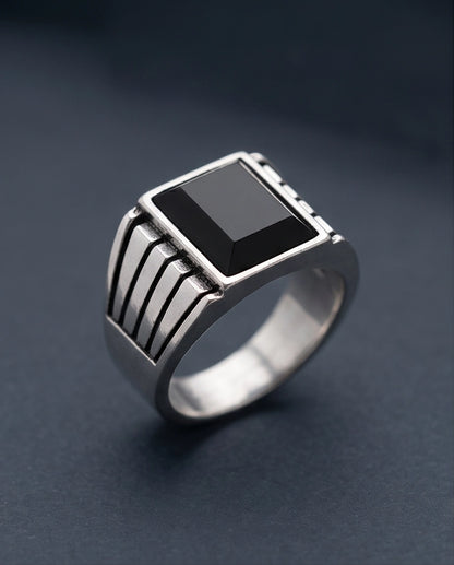 Pyramid Cut Onyx-Style Fluted Shoulder Silver Ring