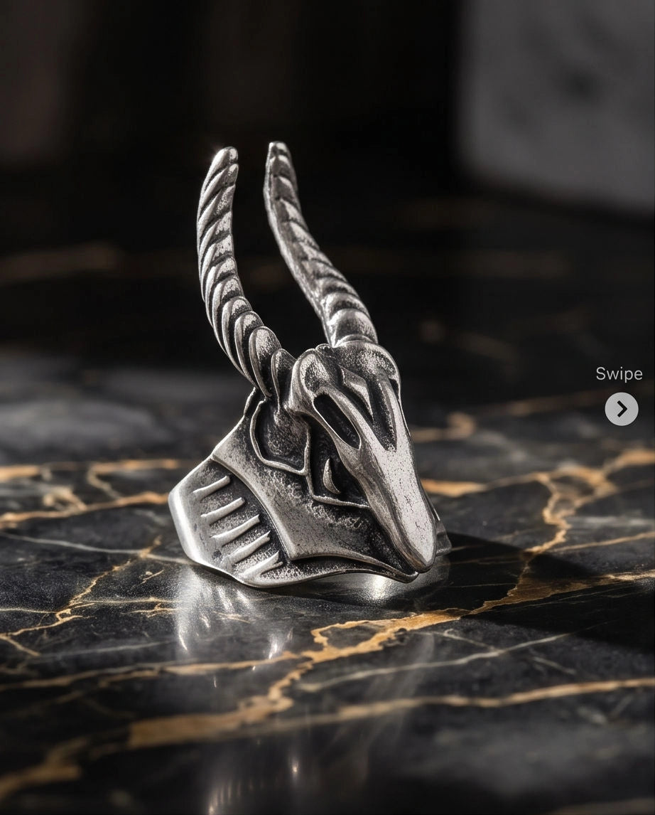 Oxidized Silver Horned Skull Sculpted Ring