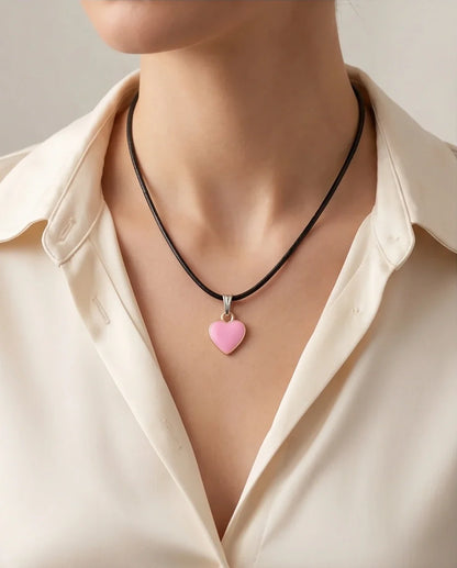 Classic Pink Heart Enamel Pendant Necklace