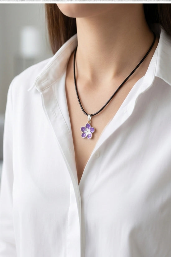 Elegant Purple and White Floral Enamel Pendant Necklace